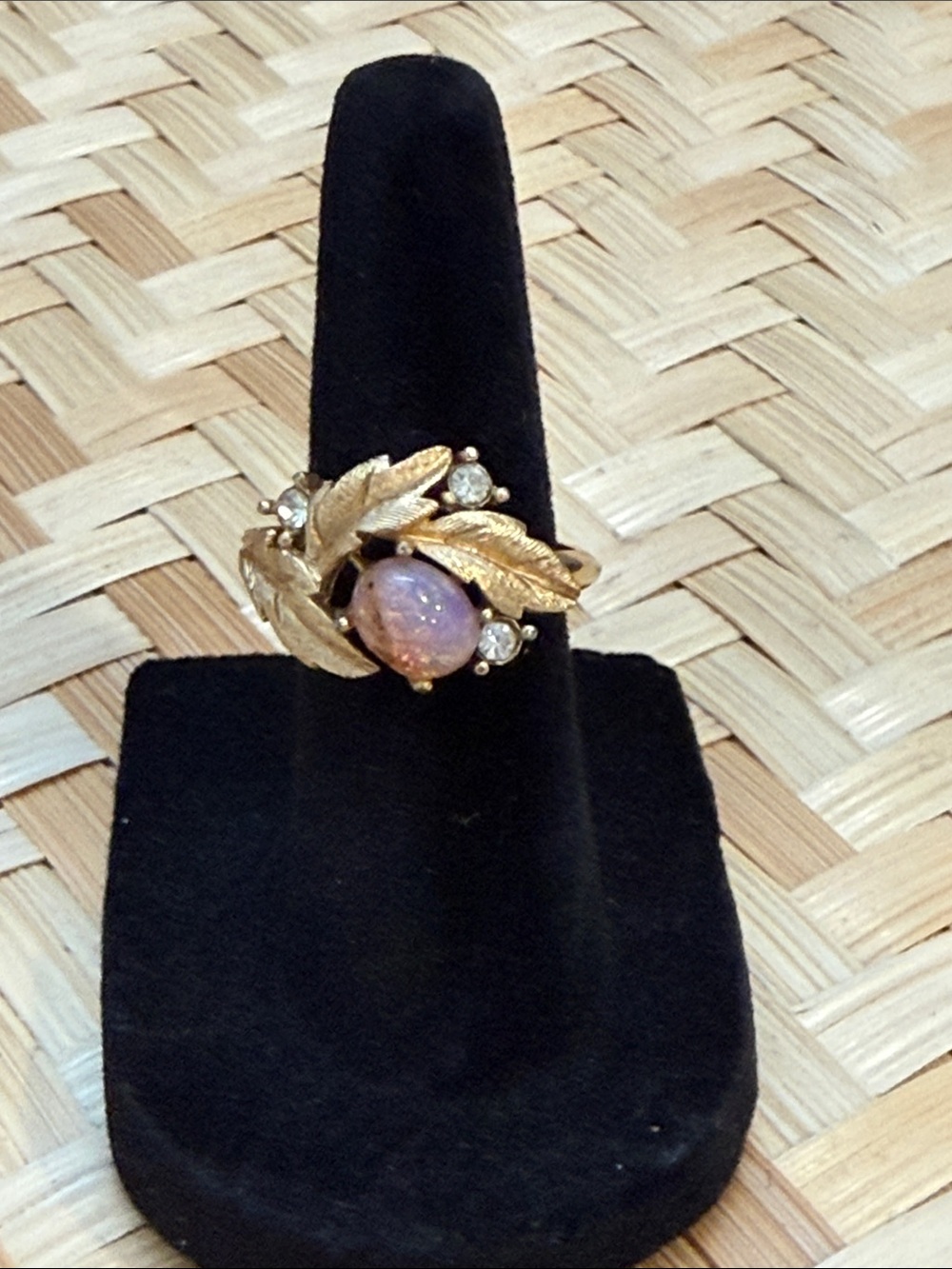 Vintage Avon Adjustable Gold Leaf Opal and Cubic Zirconia Cocktail Ring - Gold